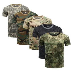 Camiseta de manga curta camuflada masculina, camiseta de verão, ao ar livre, militar, tática, combate, fitness, caminhada, caça