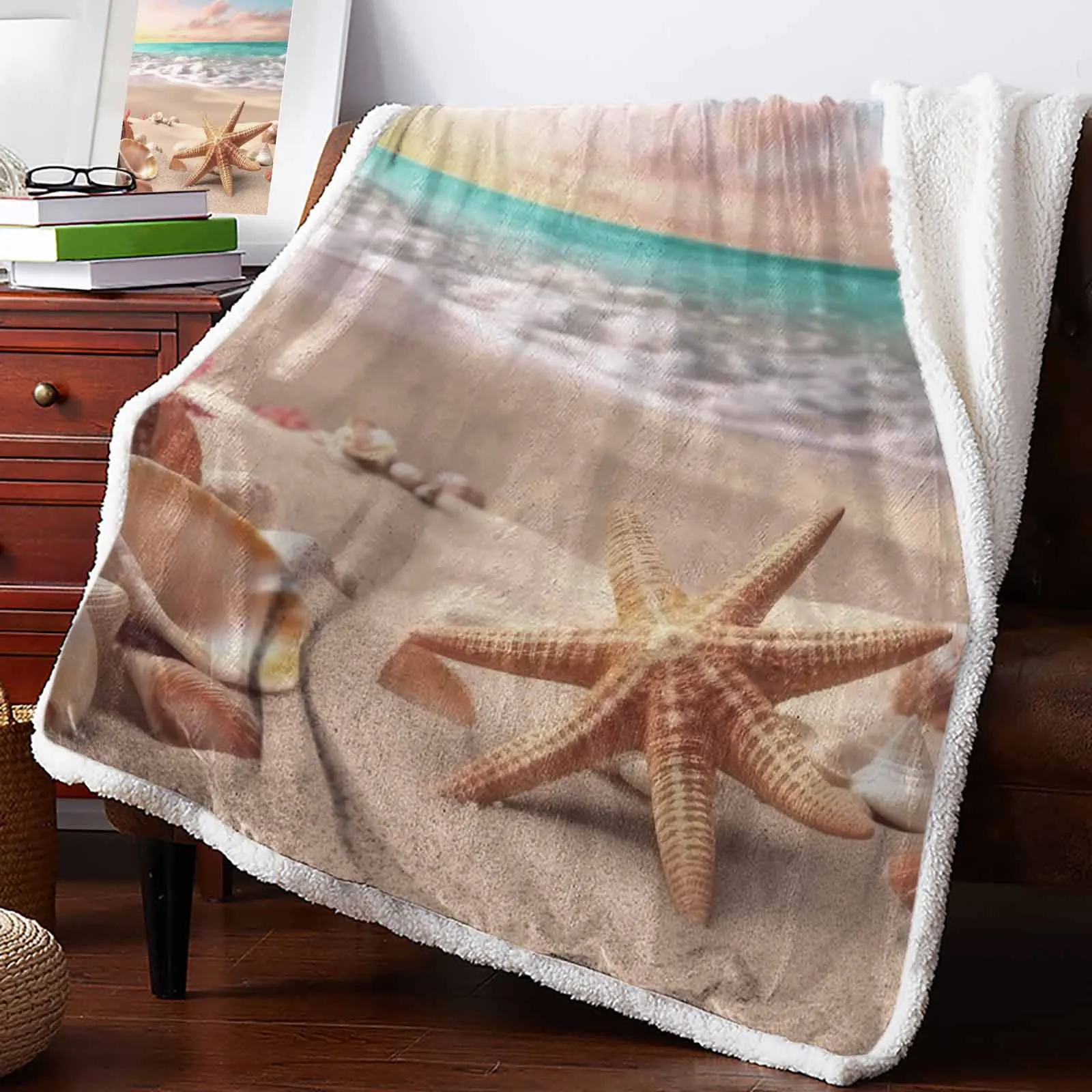 Summer Beach Starfish Shells Waves Cashmere Blanket Winter Warm Soft Throw Blankets for Beds Sofa Wool Blanket Bedspread