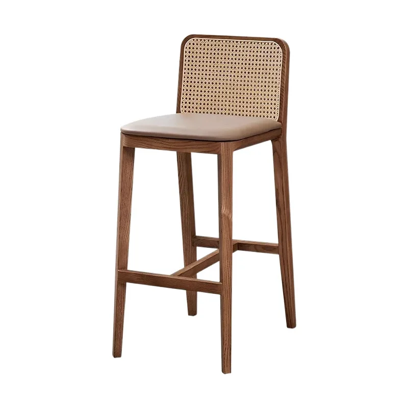 

Wabi-sabi retro home Nordic solid wood rattan high stool island bar cafe back bar chair