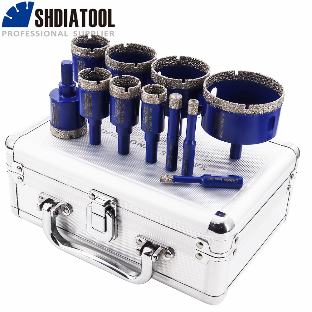 Shdiatool-kit de Brocas de Diamante com Caixa de Alumínio Triângulo Shank Hand Tool Perfuração de Cerâmica Granito 665 mm 11 Pcs Set