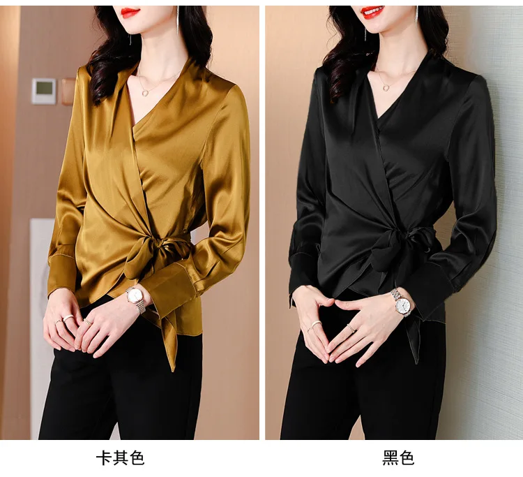 fashionable satin shirt women\'s spring 2024 new V-neck design elegant  slimming top shirt