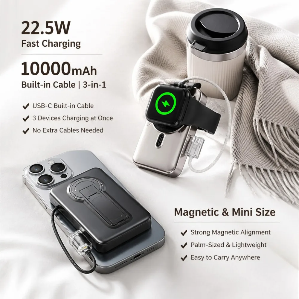10000mAh Magnetic Power Bank 22.5W Fast Charging Built-in Cable Digital Display Mini 3-in-1 Portable Charger Battery Pack