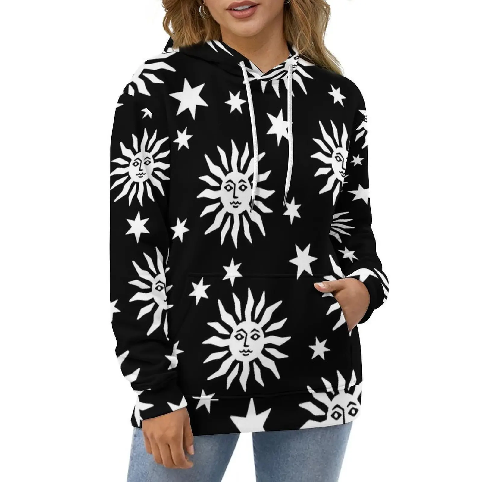 

Mid Century Modern Sun And Star Casual Hoodies Y2k Pullover Hoodie Female Long Sleeve Hip Hop Design Loose Oversized Sweatshirts