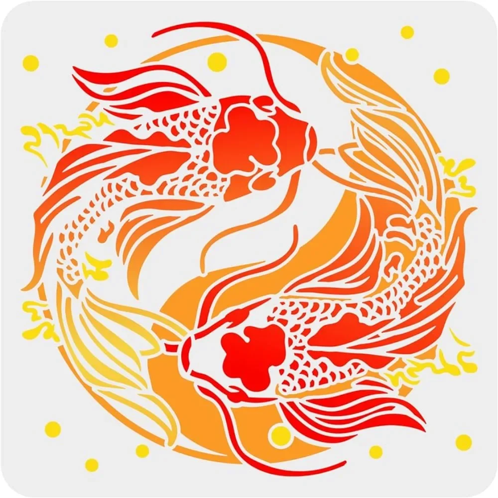 Koi Stencil 11.8x11.8 inch Yin Yang Koi Fish Drawing Painting Stencils Template Plastic Koi Fish Pattern Stencil Large Reusable