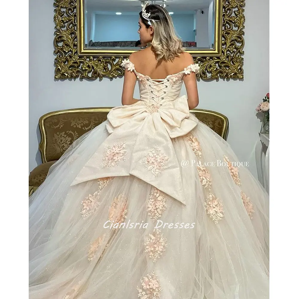 Champagne Handmade Blumen Quinceanera Kleider Ballkleid Weg Von Der Schulter Appliques Spitze Korsett Für Süße 15 Mädchen Party