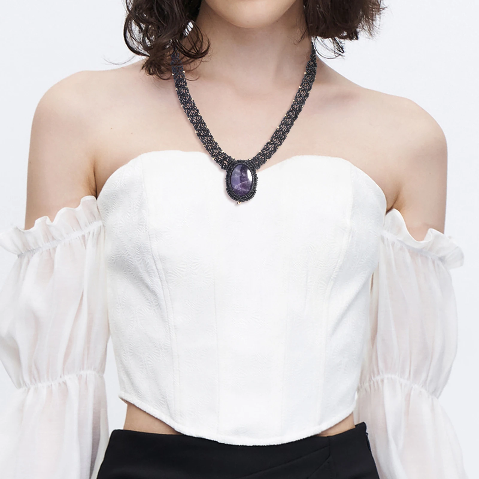 Natural Crystal Stone Collar Choker Adjustable Black Nylon Braided Oval Pendant Necklace Luxury Jewelry For Women