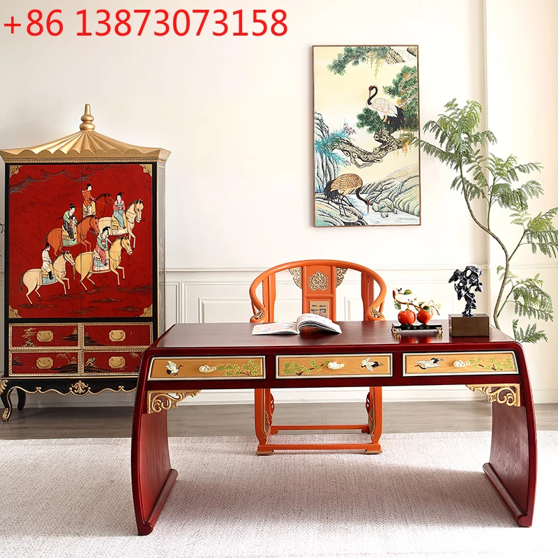 -*New Chinese solid wood dining table painting with drawing book writing desk tea table painting case study furniture
