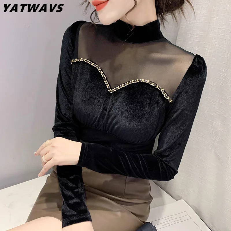 

2024 Classic Lady Sexy Perspective Mesh Patchwork Velvet Tees Women Soft Shirt Skinny Gold Chain Decorative Vintage T-Shirt Tops