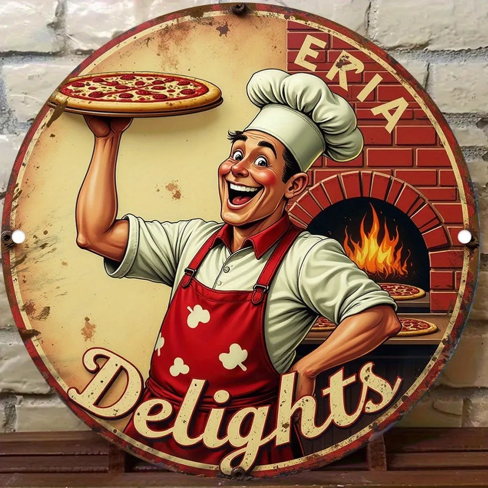 لافتة قصدير معدنية كلاسيكية مبتكرة ثنائية الأبعاد "Happy Chef Holding Delicious Pizza" - فن القصدير لديكور المنزل، فن جداري ممتع | مناسبة للمنزل #5