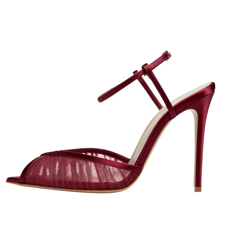 

Burgundy Mesh Lace Pointy High Heel Sandals Ankle Strap Open Toe Cutouts Satin Cloth Stiletto High Heels Women Wedding Shoes