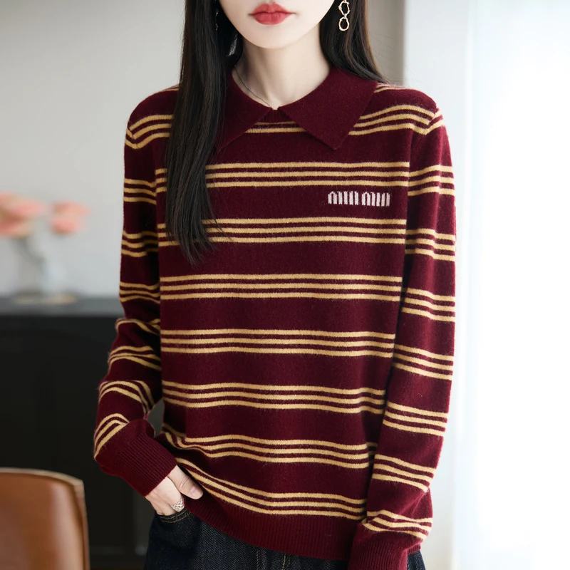 

100% Merino Wool Women's Vintage Contrast Striped Knitted Polo Collar Winter Long Sleeve Fashion Retro Casual Trend Top 2025 New