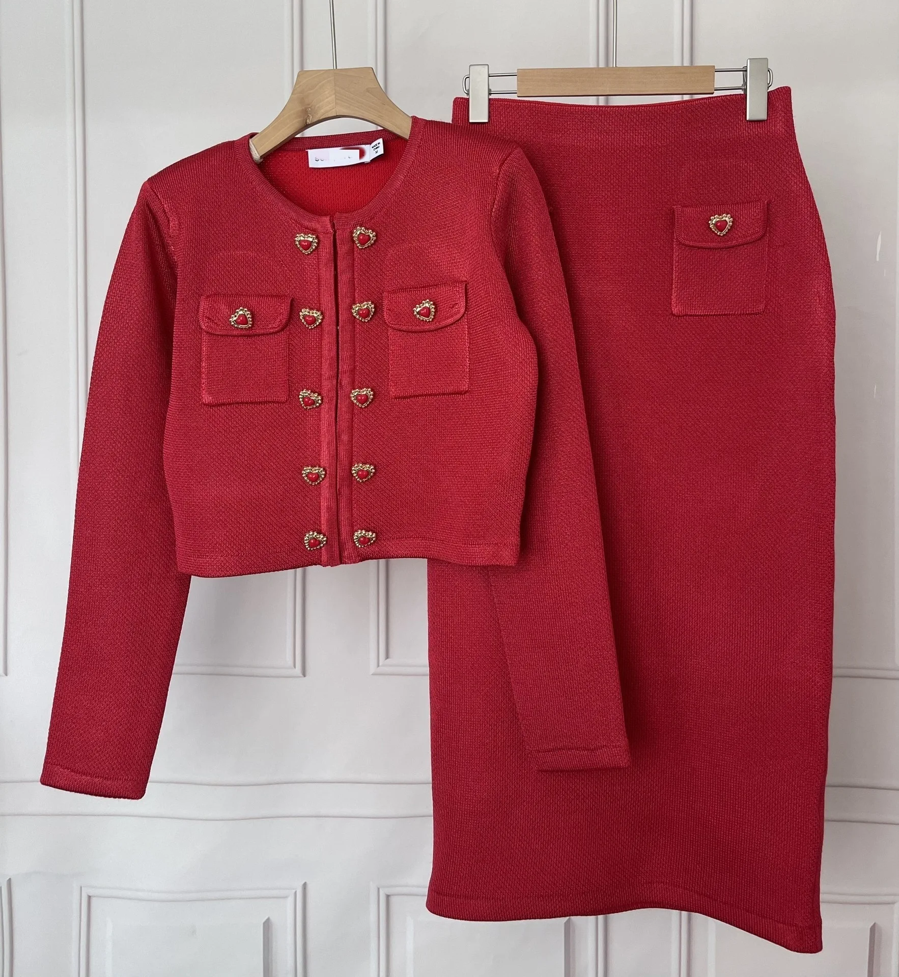 Luxury 2025 Spring Autumn Sweater Long Dress Knitted Two Piece Set Women\'s Heart Button Full Sleeve Cardigan Pencil Skirts Suit