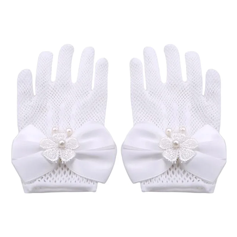 Sweet Flower Girls Short Gloves Mesh Bow Lace Pearl Decoration Gloves Children Kids Fashion Elegant Gloves Mittens Party Supplie