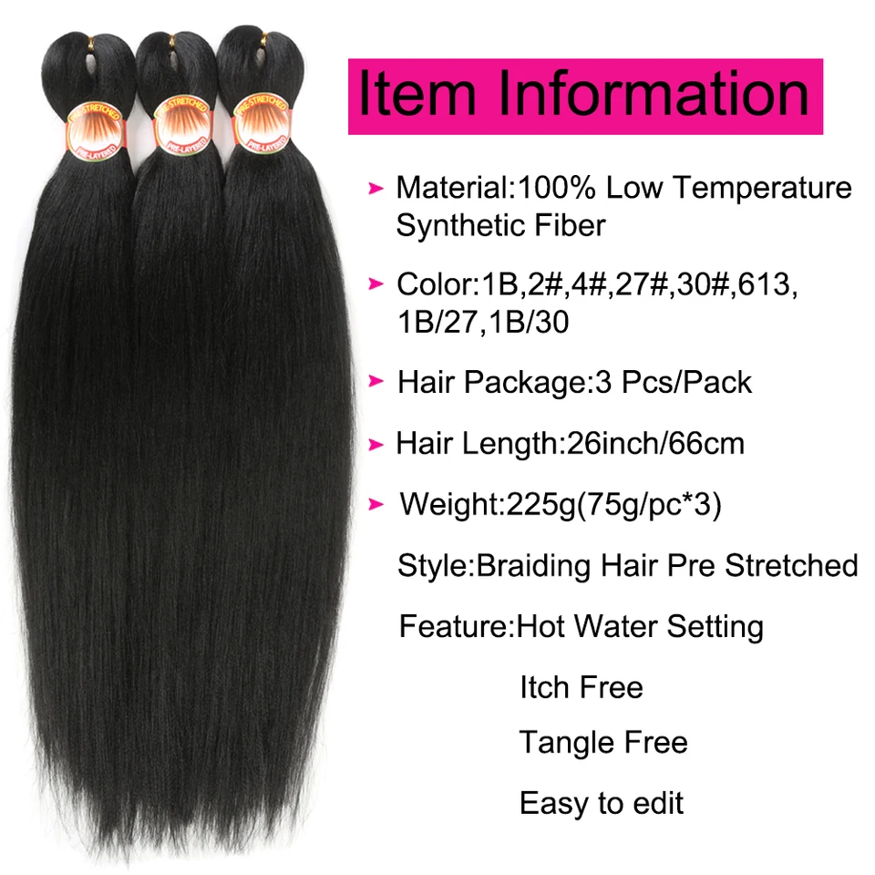 Cabello para Trenzas Pre Estirado 26 Pulgadas 3 Paquetes Yaki para Trenzas Ajuste con Agua Caliente Sintético Crochet Extensiones de Cabello 2
