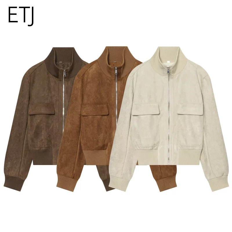 ETJ 2026 Damen Kunstwildlederjacke, kurze Fliegerjacke mit geripptem Saum, Cargotaschen, Reißverschluss, Stehkragen, Vintage-Herbstjacke – Detail 21