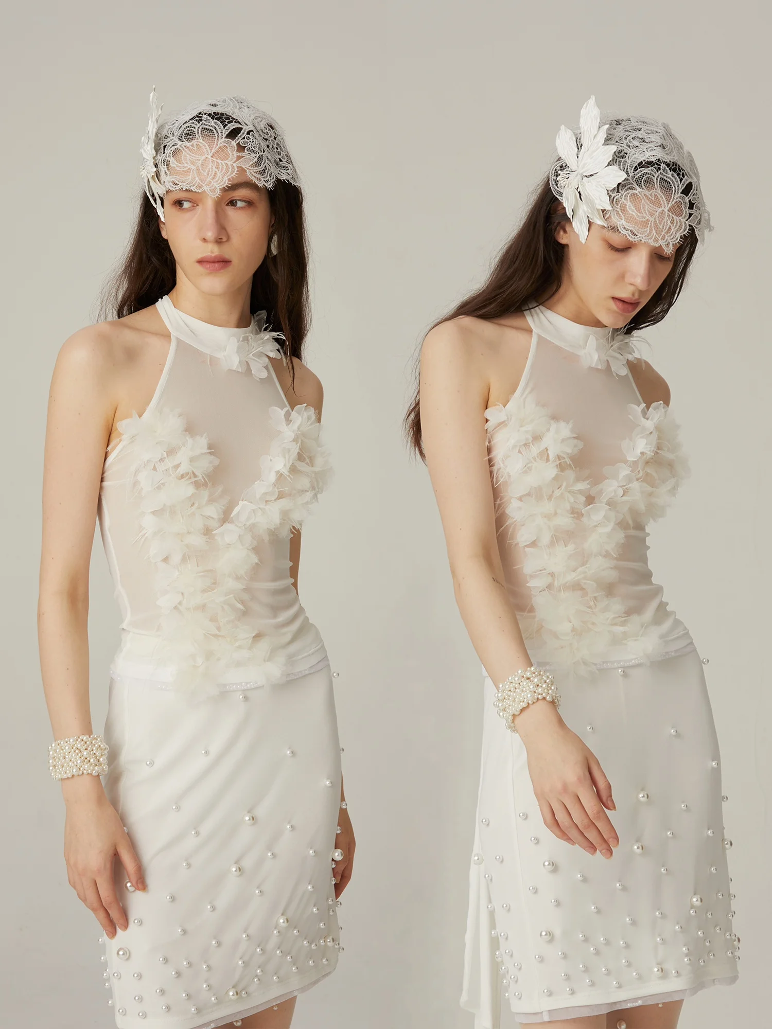 

Топ-майка Lichun с жемчужной сеткой, 3D-цветами и бретелями, с эффектом подтяжки, пляжный дизайн, облегающий крой