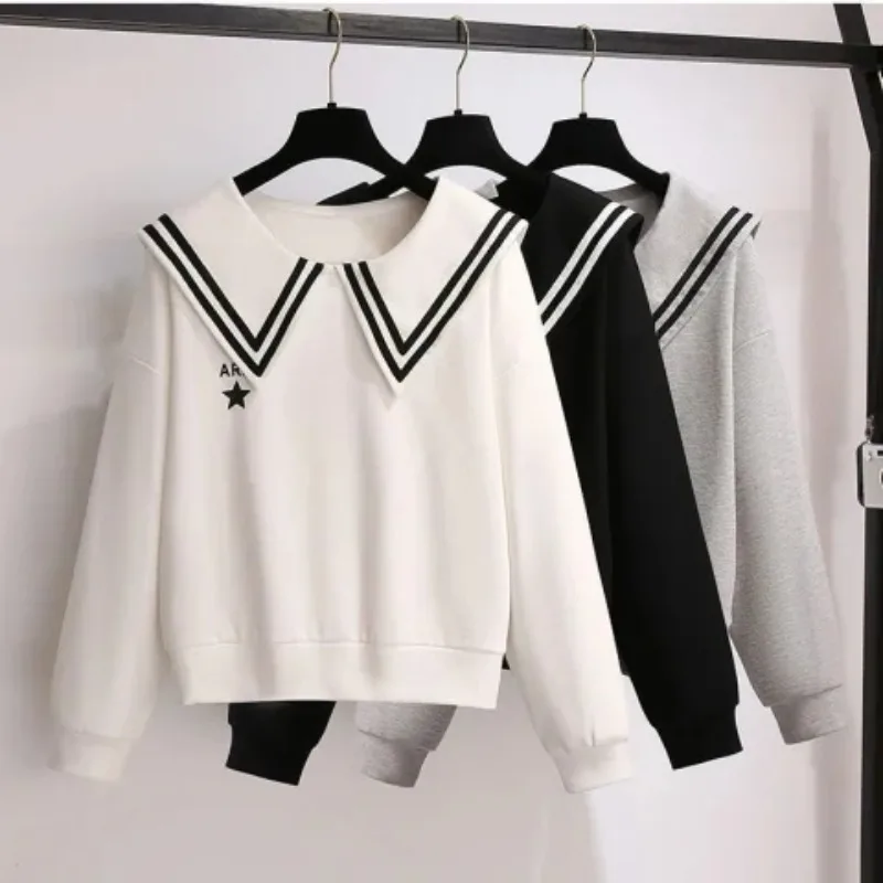 

Autumn Preppy Pullover Sweatshirts Kawaii Women Sailor Collar Loose Long Sleeve Top Solid Oversize Sweatshirt for Women 2023 Y2k