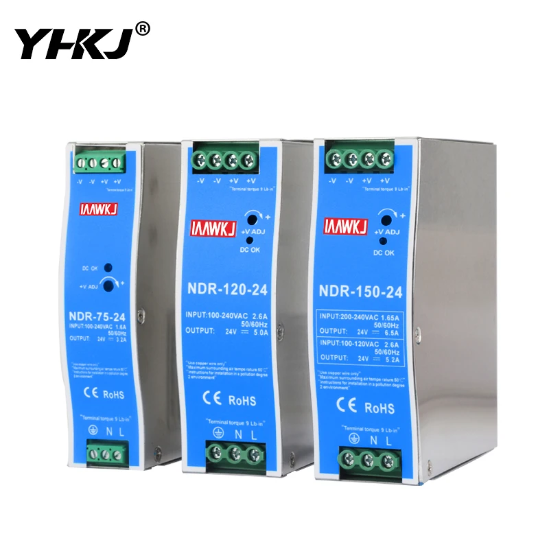

NDR-75 NDR-120 NDR-150 Импульсный источник питания с одним выходом, промышленный DIN-рейка, от переменного тока до постоянного тока 12 В 24 В