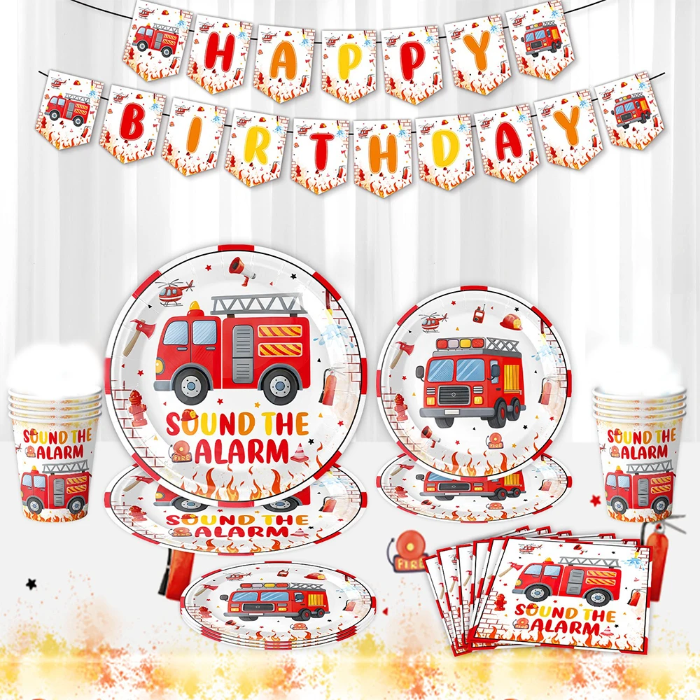 Flame Rescue Vehicle Cartoon Party Decoration Including Disposable Paper Plates Paper Cups Tissues Childrens Party Decorations