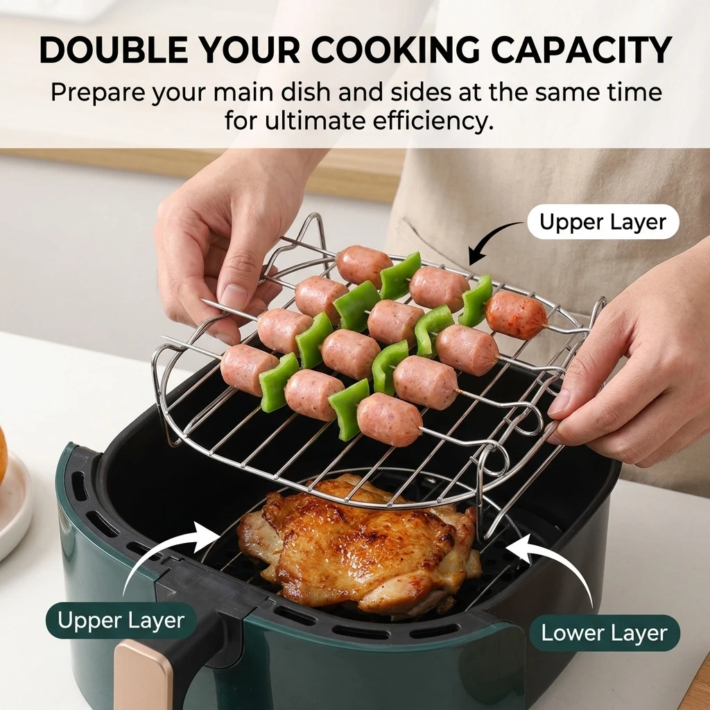 Air Fryer Rack 7/8 Inch Square Stainless Steel Double Layer Grill with 4 Skewers Foldable BBQ Toast Baking Accessory