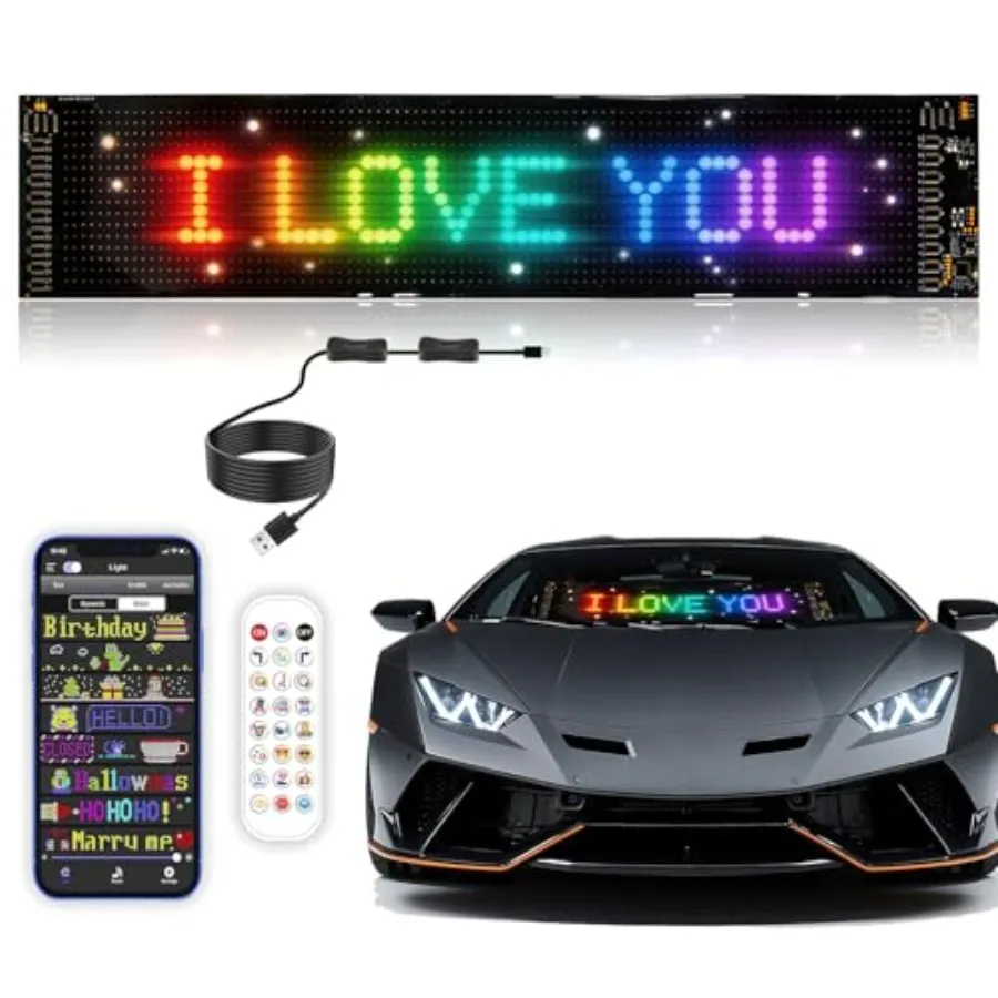 Programmable LED Sign, Flexible USB 5V LED Car Sign Bluetooth App Control Custom Text, Patterns and Animations Advertising LED
