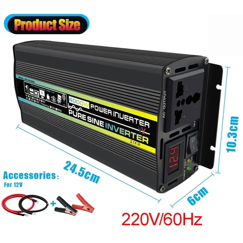 Convertitore di potenza per inverter per auto a onda sinusoidale pura da 4000 W DC12V a AC 220 V 60 Hz Convertitore di presa per campeggio all'aperto per casa auto