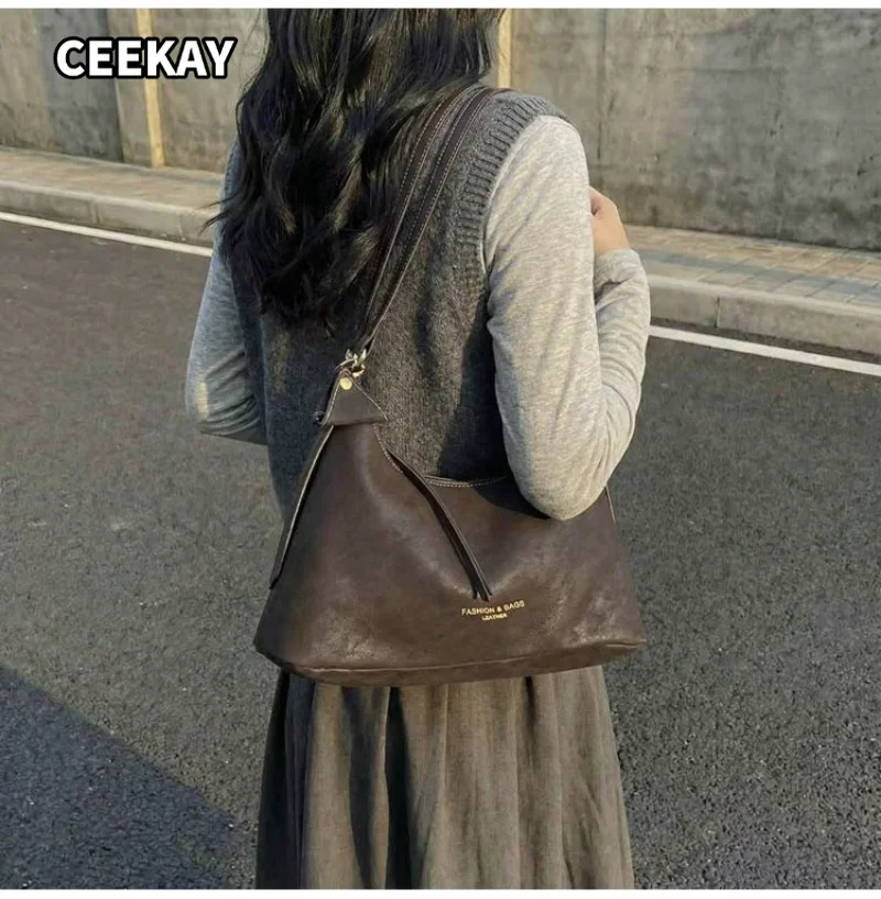 CEEKAY Women's Shoulder Bag Dark Brown Soft PU Leather Large Crossbody Handbag Zipper Closure Daily Casual Minimalist
