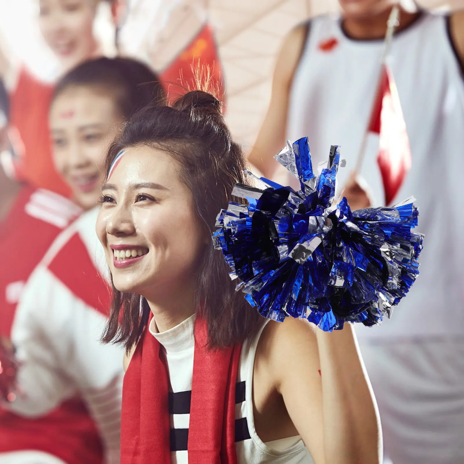 Blue Silver Metallic Foil Cheer Pom Poms Cheerleading Hand Flowers Lightweight Comfortable Vibrant for Adults Sports Events