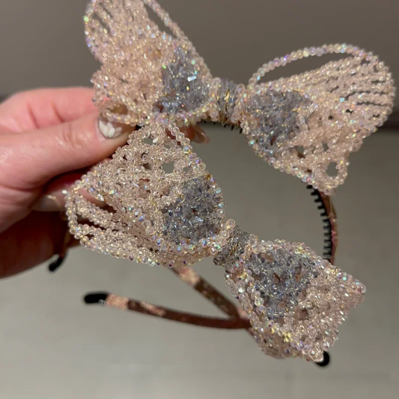 New Pink Crystal Hair Hoop Luxury Sparkling 3D Bow Headband Hairband Decoration with Anti Slip Toothed Hair Accessories Headwear