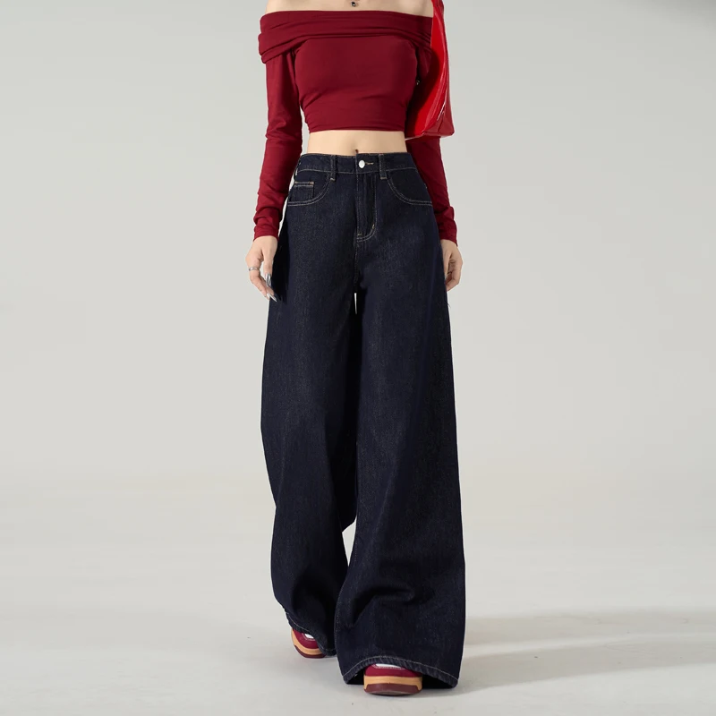 Nowe luźne jeansy damskie o prostym kroju, modne spodnie dżinsowe z szerokimi nogawkami, wygodne, niebieskie.