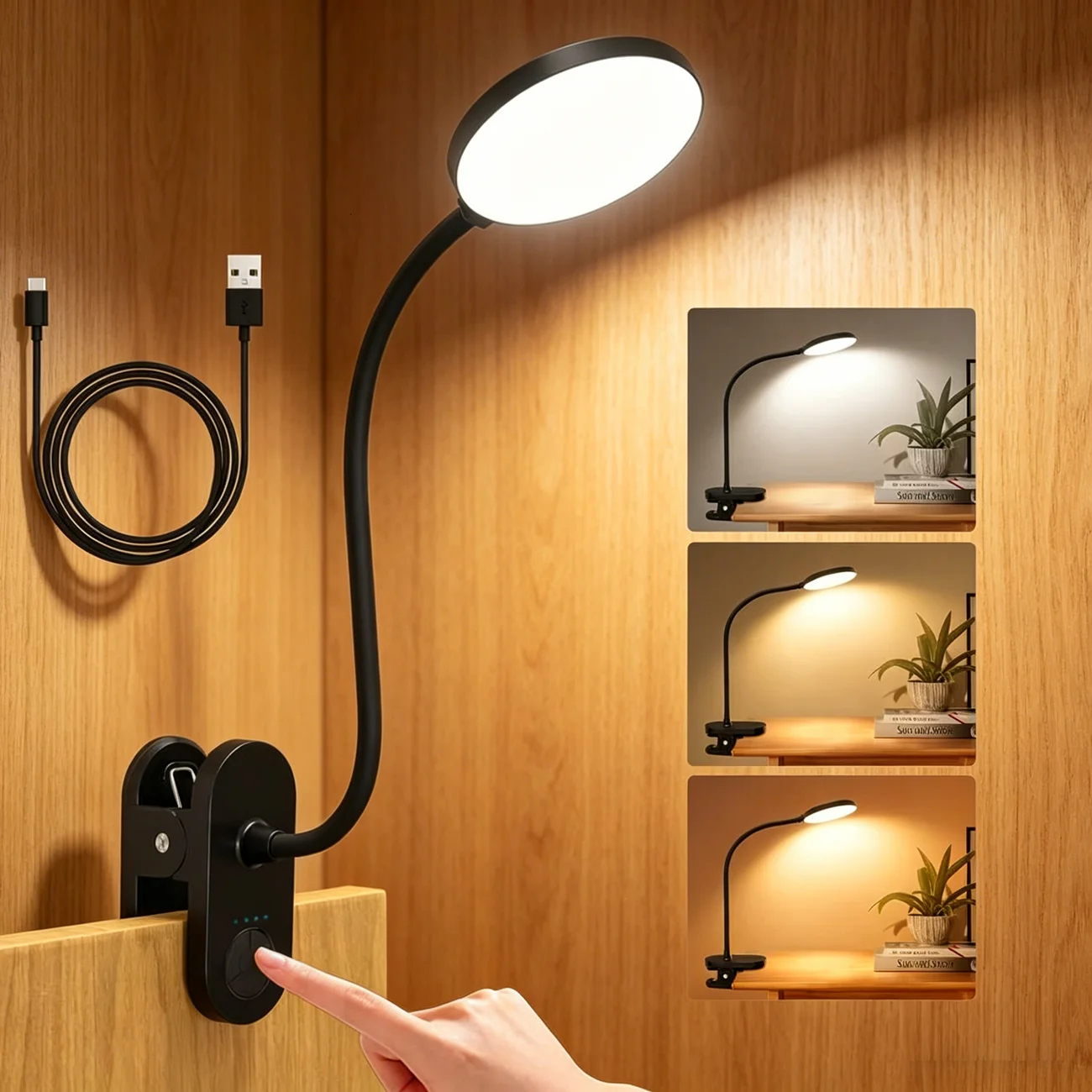 Clip on LED Desk Lamp USB Reading Light Book Night Flexible Neck 3 Color Temperature 10 Brightness Modes Suitable for Kids Study