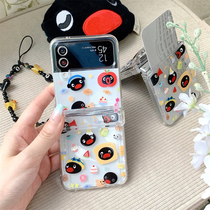 2025 الكرتون وجبات خفيفة البطريق جراب هاتف لسامسونج غالاكسي Z Flip6 4 3 الغطاء الصلب ل ZFlip3 Zflip4 Zflip5 الصلبة شل قوس