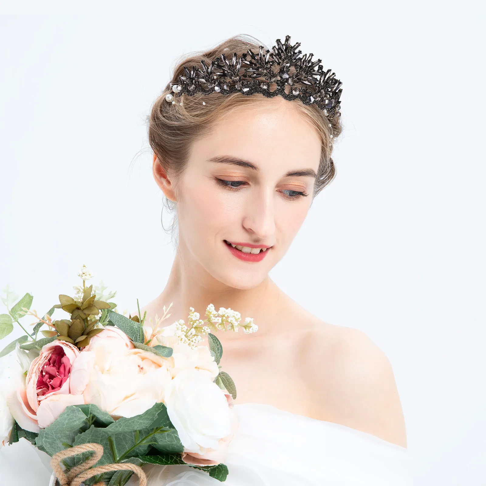 

Baroque Crown Bridal Rhinestone Black Vintage Headwear Wedding Queen Tiara Party Engagement Elegant Stylish Hair Accessories