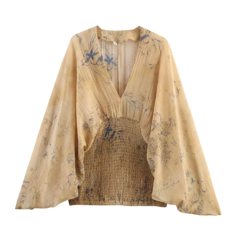 

Женская осень 2024, новая мода с рукавами «летучая мышь», рубашка «джокер», шикарные повседневные топы с v-образным вырезом и принтом, блузки Mujer