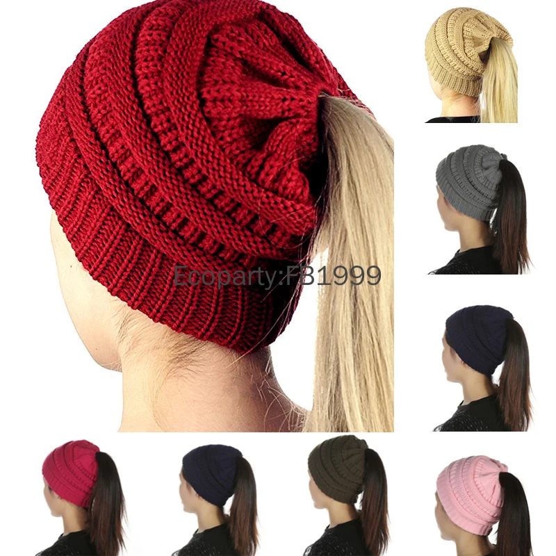 New Women Autumn Winter Stretch Knitted Hat Solid Color Warm Ponytail Beanie Holey Warm Caps Protector Head Cap