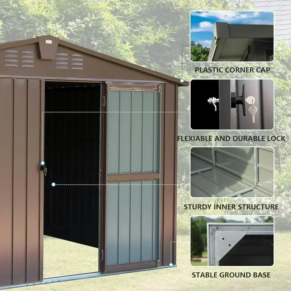 10'x8' Metal Outdoor Storage Shed with Lock & Air Vents for Patio, Garden, Lawn, Backyard (Brown)