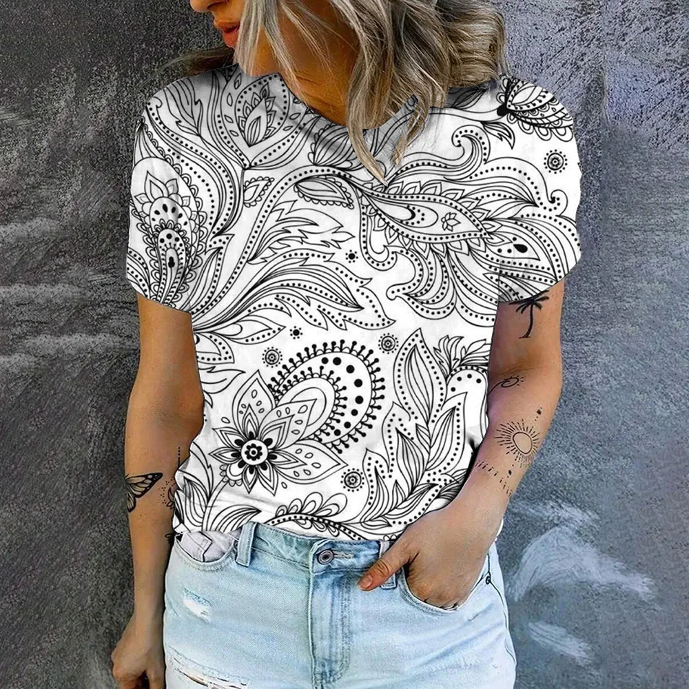 Women's Short Sleeve T-Shirt Retro Elegant Cashew Print T-Shirt Fashion Short Sleeve T-Shirt Summer Women's Leisure T-Shirt