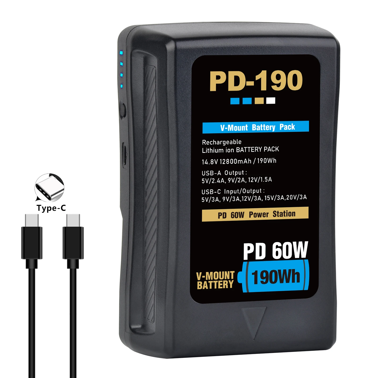 V-Mount Battery PD-190 V Lock Power Bank with PD 65W USB-C Fast Cable for Camera Video LED Light Camcorder Broadcast Blackmagic