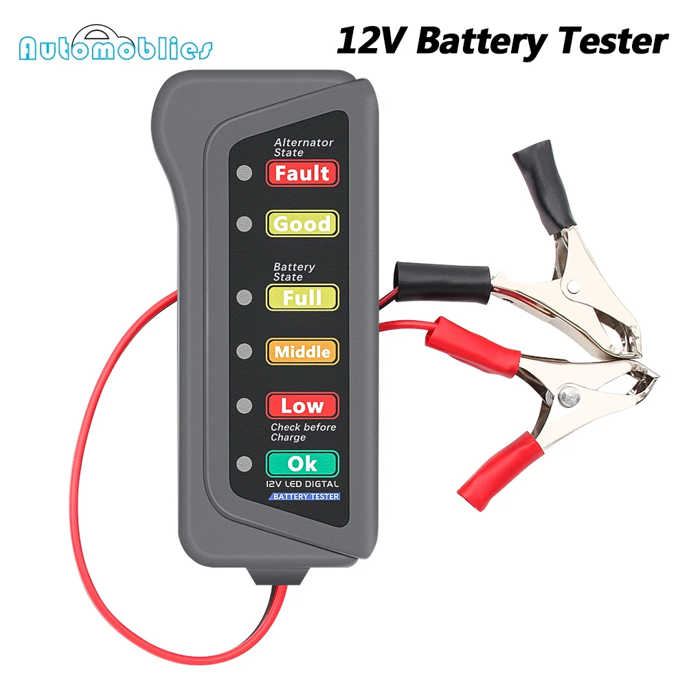 

Тестер автомобильного аккумулятора 12 В, тестер для мотоцикла, детектор неисправностей, диагностические инструменты, анализатор системы аккумулятора, 6 светодиодных дисплеев, зажимы типа «крокодил»