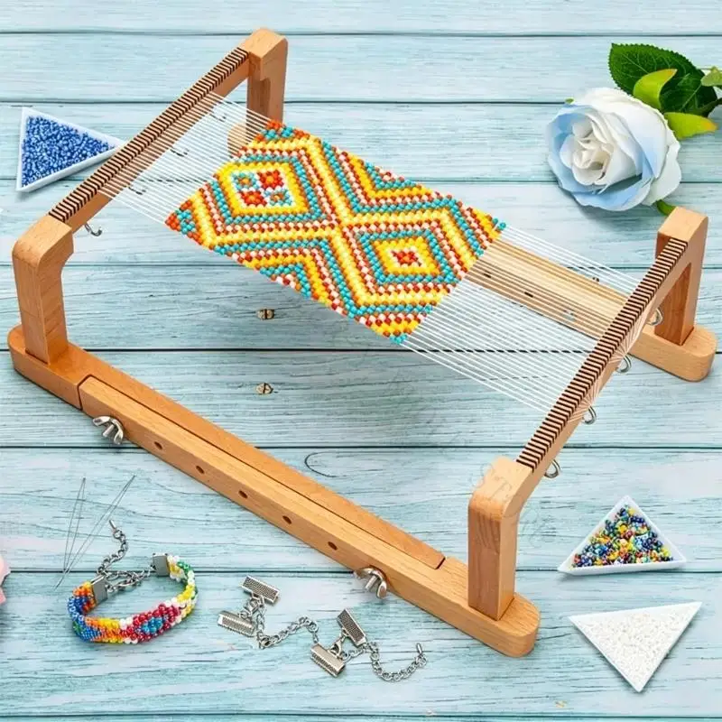 R7UF Portable Beading Loom Wooden Bracelet and Necklace Loom with Adjustable Length, 5.9 In Width, and Removable Base for