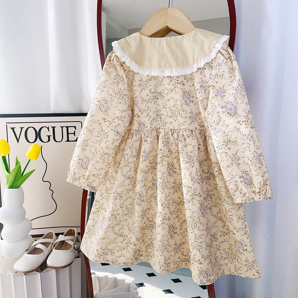 Bear Leader Baby Girls Flower Dresses 3-7 Years Spring Autumn Flower Dresses Lace Turn-down Floral Girl Princess Dress