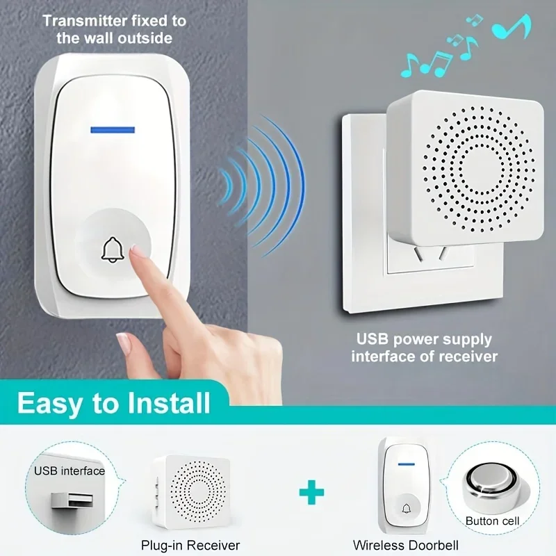 1 Set Outdoor Electronic Wireless USB Doorbell,Remote Control, 38 Ringtones& 3 Volume levels for Elderly Alarm and Calling WHM