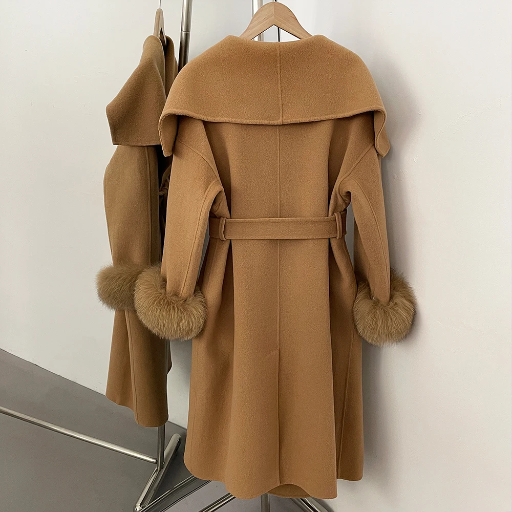 Elegant Woolen Coat Women's Big Collar Wool Coat Real Fox Fur Cuffs Autumn Winter Coats for Woman Winter Woolen Jacket Women