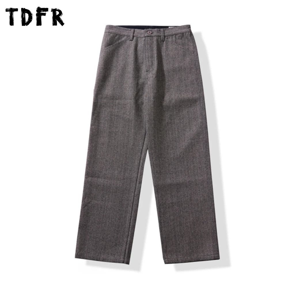 Celana Retro Pria Saku Kasual Sederhana Musim Gugur Musim Dingin Tebal Lurus Celana Panjang Pria