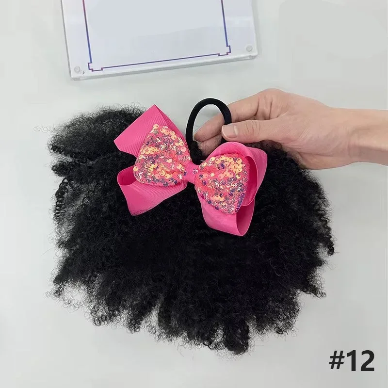 2pcs Big Go Afro Kinky Marley Ponytail with Elastic  Bow Clip Soft Feel Like Natural Human Hair Kids Braided Ponytail for Girl