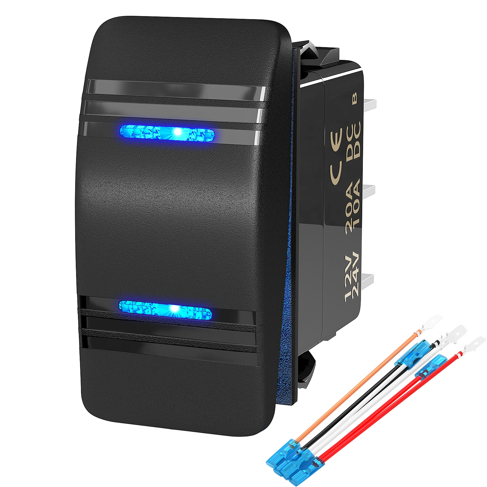 Marine Rocker Switch 12V 20A 3 Position ON Off ON Latching DPDT 7 Pin 3 Way Car Toggle Switch Blue LED Light with Wire