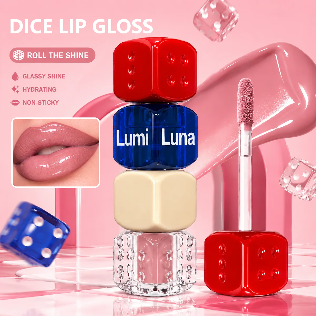 Creative Dice Cube Lip Gloss, Hydrating Formula, Non-Sticky Texture, Plump Your Lips for Juicy Full Lip Look,