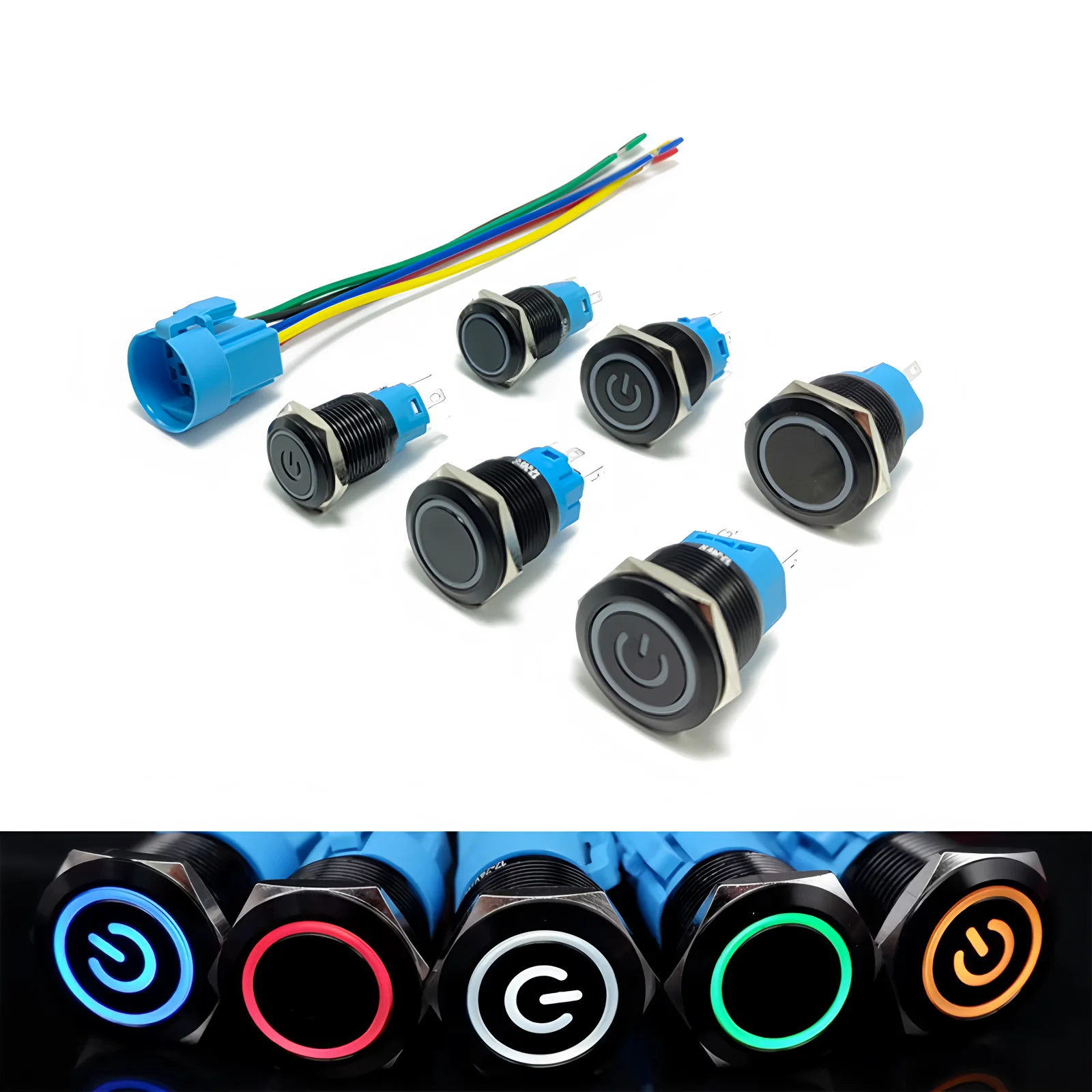 Metalowy przełącznik przyciskowy 16mm 19mm 22mm z podświetleniem LED żółtym, niebieskim, czerwonym, zielonym, samozatrzaskowy, samopowrotny, 5V 12V 24V 220V