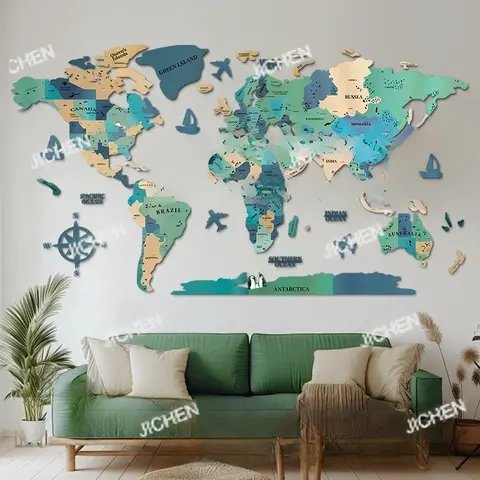 JC Customizable 3d three-dimensional solid wood color world map wall decoration living room sofa background wall painting winter