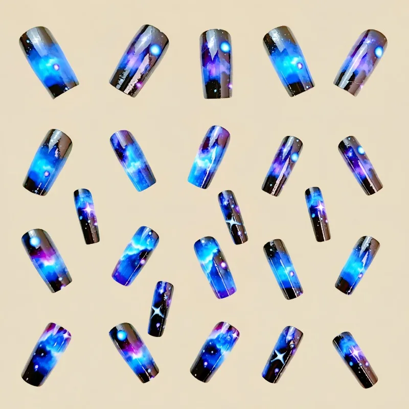 24 Pcs Fake Nails with Glue Long Press on Nails with Charms Colorful Dragon Gradient Nail Tips Cloudy Starry Sky Square Black